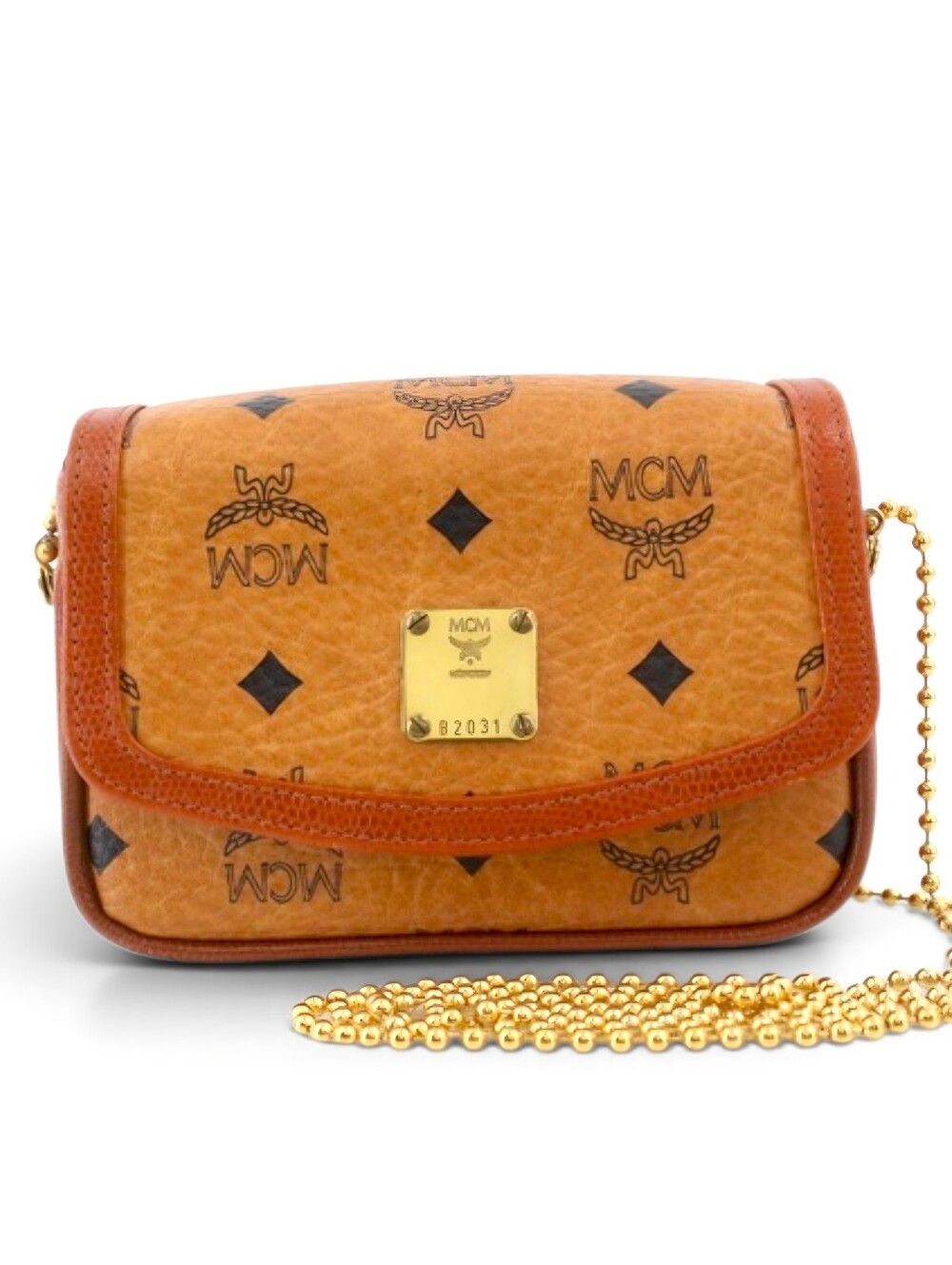 MCM Cognac Tan Visetos Mini Crossbody Bag with Gold Chain
